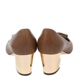 Pre Owned Salvatore Ferragamo Brown Leather Bow Block Heel Pumps Size 38