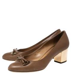 Pre Owned Salvatore Ferragamo Brown Leather Bow Block Heel Pumps Size 38