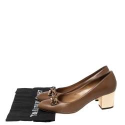 Pre Owned Salvatore Ferragamo Brown Leather Bow Block Heel Pumps Size 38