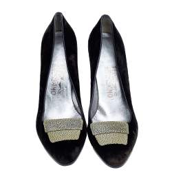 Salvatore Ferragamo Dark Green Velvet and Stingray Almond Toe Pumps Size 38.5