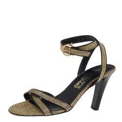 Pre Owned Salvatore Ferragamo Beige/Black Textured Leather Ankle Strap Sandals Size 38.5