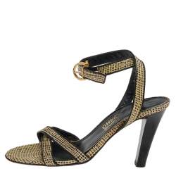 Pre Owned Salvatore Ferragamo Beige/Black Textured Leather Ankle Strap Sandals Size 38.5