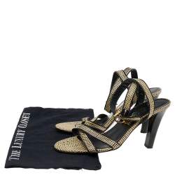 Pre Owned Salvatore Ferragamo Beige/Black Textured Leather Ankle Strap Sandals Size 38.5