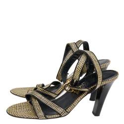 Pre Owned Salvatore Ferragamo Beige/Black Textured Leather Ankle Strap Sandals Size 38.5