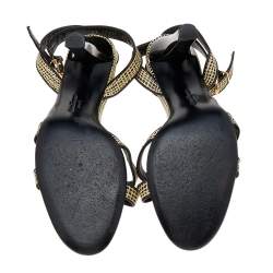 Pre Owned Salvatore Ferragamo Beige/Black Textured Leather Ankle Strap Sandals Size 38.5