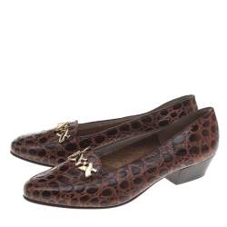 Salvatore Ferragamo Brown Croc Embossed Leather Pumps Size 37