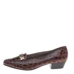 Salvatore Ferragamo Brown Croc Embossed Leather Pumps Size 37