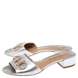 Salvatore Ferragamo Silver  Leather Henri Crystal Mules Size 38.5