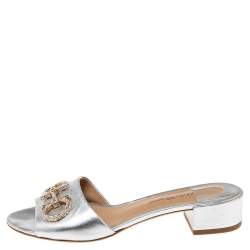 Salvatore Ferragamo Silver  Leather Henri Crystal Mules Size 38.5