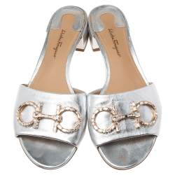 Salvatore Ferragamo Silver  Leather Henri Crystal Mules Size 38.5