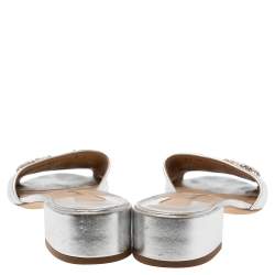 Salvatore Ferragamo Silver  Leather Henri Crystal Mules Size 38.5