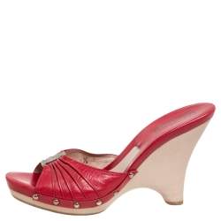 Pre Owned Salvatore Ferragamo Red Leather Wedge Slide Sandals Size 39
