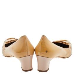 Pre Owned Salvatore Ferragamo Beige Patent Leather Block Heel Pumps Size 40.5