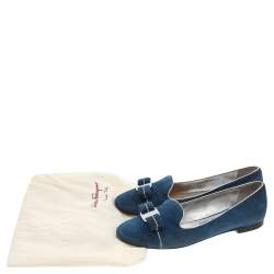Pre Owned Salvatore Ferragamo Blue Suede Vara Bow Smoking Slippers Size 37.5