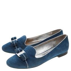 Pre Owned Salvatore Ferragamo Blue Suede Vara Bow Smoking Slippers Size 37.5
