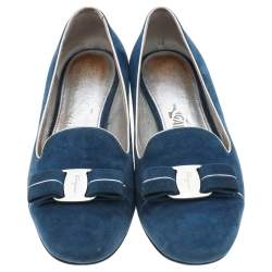 Pre Owned Salvatore Ferragamo Blue Suede Vara Bow Smoking Slippers Size 37.5