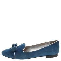 Pre Owned Salvatore Ferragamo Blue Suede Vara Bow Smoking Slippers Size 37.5