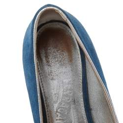 Pre Owned Salvatore Ferragamo Blue Suede Vara Bow Smoking Slippers Size 37.5