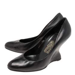 Pre Owned Salvatore Ferragamo Black Leather Wedge Pumps Size 39