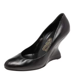 Pre Owned Salvatore Ferragamo Black Leather Wedge Pumps Size 39