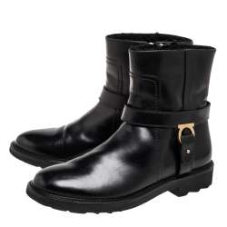 Pre Owned Salvatore Ferragamo Black Leather Gancini Logo Buckle Ankle Boots Size 39.5