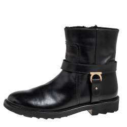 Pre Owned Salvatore Ferragamo Black Leather Gancini Logo Buckle Ankle Boots Size 39.5