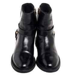 Pre Owned Salvatore Ferragamo Black Leather Gancini Logo Buckle Ankle Boots Size 39.5