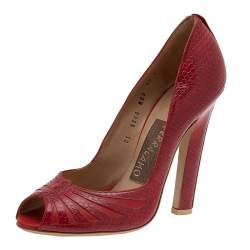 Salvatore Ferragamo Red Karung and Leather Peep Toe Pumps Size 40