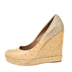 Salvatore Ferragamo Beige Studded Leather Espadrille Wedge Platform Pumps Size 39 