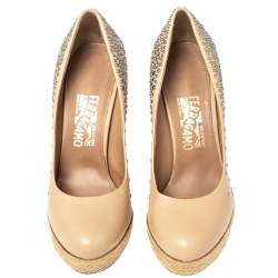 Salvatore Ferragamo Beige Studded Leather Espadrille Wedge Platform Pumps Size 39 