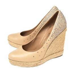 Salvatore Ferragamo Beige Studded Leather Espadrille Wedge Platform Pumps Size 39 