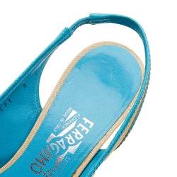 مملوكة مسبقًا صندل سالفاتوري فيراغامو جلد ورافية بيج/أزرق مقدمة مفتوحة بحزام خلفي للكاحل مقاس 39.5