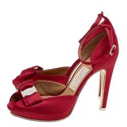 Pre Owned Salvatore Ferragamo Red Satin Vara Bow Ankle Strap Sandals Size 38