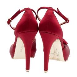 Pre Owned Salvatore Ferragamo Red Satin Vara Bow Ankle Strap Sandals Size 38
