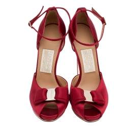 Pre Owned Salvatore Ferragamo Red Satin Vara Bow Ankle Strap Sandals Size 38
