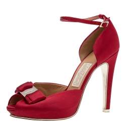 Pre Owned Salvatore Ferragamo Red Satin Vara Bow Ankle Strap Sandals Size 38