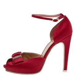 Pre Owned Salvatore Ferragamo Red Satin Vara Bow Ankle Strap Sandals Size 38