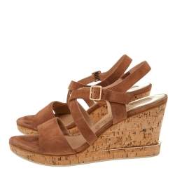 Pre Owned Salvatore Ferragamo Brown Suede Cork Wedge Sandals Size 40.5