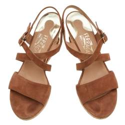Pre Owned Salvatore Ferragamo Brown Suede Cork Wedge Sandals Size 40.5
