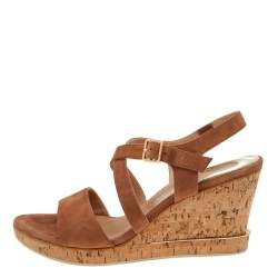 Pre Owned Salvatore Ferragamo Brown Suede Cork Wedge Sandals Size 40.5
