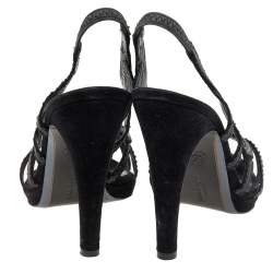 Salvatore Ferragamo Black Karung and Suede Peep Toe Slingback Sandals Size 40