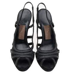 Salvatore Ferragamo Black Karung and Suede Peep Toe Slingback Sandals Size 40
