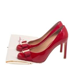 Pre Owned Salvatore Ferragamo Red  Patent Leather Vara Bow Round Toe Platform Pumps Size 37