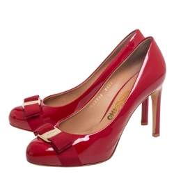 Pre Owned Salvatore Ferragamo Red  Patent Leather Vara Bow Round Toe Platform Pumps Size 37