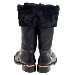 Pre Owned Salvatore Ferragamo Black Leather And Fur Trim Lapo Tall Combat Boots Size 39