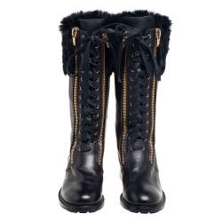 Pre Owned Salvatore Ferragamo Black Leather And Fur Trim Lapo Tall Combat Boots Size 39