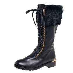 Pre Owned Salvatore Ferragamo Black Leather And Fur Trim Lapo Tall Combat Boots Size 39