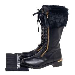 Pre Owned Salvatore Ferragamo Black Leather And Fur Trim Lapo Tall Combat Boots Size 39