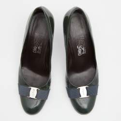 Pre Owned حذاء كعب عالي سالفاتوري فيراغامو جلد لامع أخضر منقوش فيونكة فارا مقاس 40