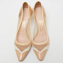 Pre Owned Salvatore Ferragamo Beige Patent And Net Pointed Toe Pumps Size 38